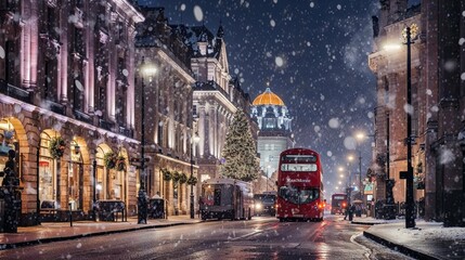 London street in the winter snow