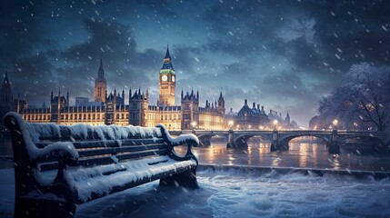View of Big Ben from a snowy park bench in the winter, London