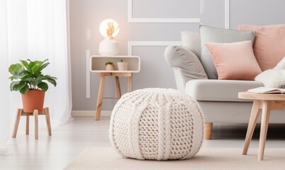 Interior design, detail of bright sofa with pillows and a warm blanket
