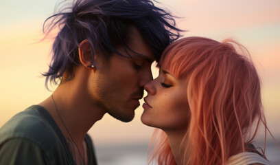 portrait of romantic couple kiss and embrace at sunset, modern stylish youth