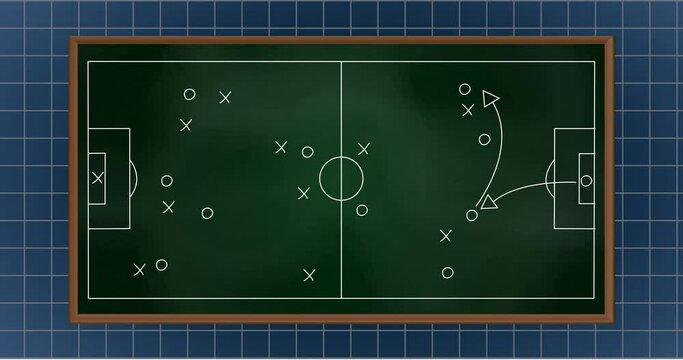 Animation of arrow on soccer court with grid pattern on blue background