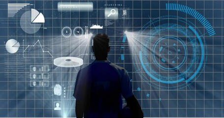Animation of rear view of male athlete with rugby ball looking at reports on big screen - Powered by Adobe