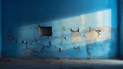 the dynamic interplay of light and shadow on a ruined plaster wall embellished with gradient blue graffiti, creating a visually arresting urban composition.