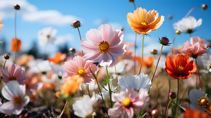 Fototapeta na wymiar Beautiful Blooms Against a Soft Blue Sky in a Field, Captured in a Gentle Focus