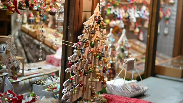 Katowice Poland: Detail of miniature Christmas decorations sold at a stall at Christmas markets.