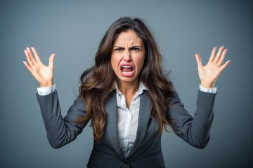 Photo of angry overworked stressed businesswoman raise hands up why always me grimace frustrated isolated on grey color background - obrazy, fototapety, plakaty