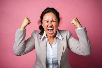 Photo of angry overworked stressed businesswoman raise hands up why always me grimace frustrated isolated on pink color background - obrazy, fototapety, plakaty