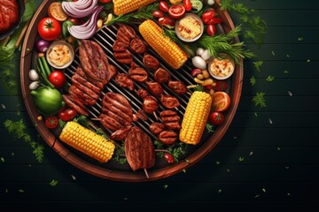Top View of Barbecue BBQ Image for Menu and Restaurant Advertising, Assorted Delicious Grilled Meat, Family Party Celebration Time