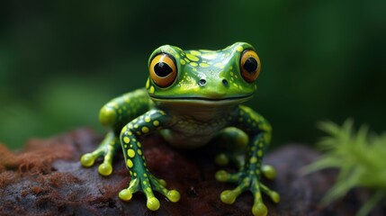 Obraz premium a close up of a frog sitting on a tree branch in front of a tree branch in a forest