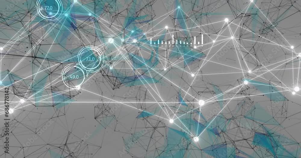Poster animation of graphs, changing numbers in loading circles connected dots forming geometric shapes
