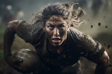 Photograph of a female rugby player in an exciting match