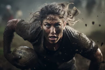 Fotobehang Photograph of a female rugby player in an exciting match © Dantaz