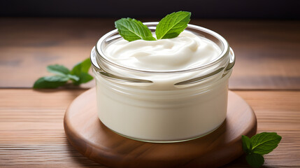 Obraz na płótnie Canvas Fresh Organic Dairy Cream in Glass Jar with Mint Leaves on Wooden Background