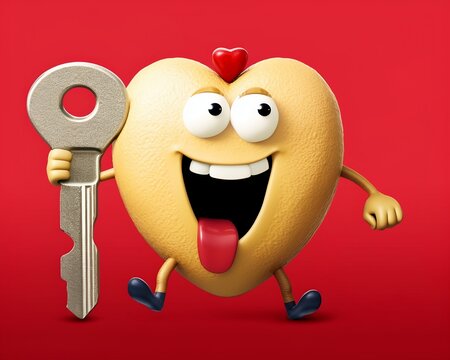 Heart object smiling, tongue out, funny eyes, holding a key in hand, fun original character, looking excited and happy, enthusiastic and love symbol, cartoon illustration, isolated on red background