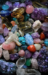 collection of colorful crystal gemstones close up, abstract background. Minerals set for esoteric...