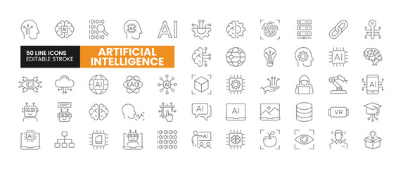 Set of 50 Artificial intelligence line icons set. Artificial intelligence outline icons with editable stroke collection. Includes Robotics, Chip, Voice Recognition, AI, Data, and More.