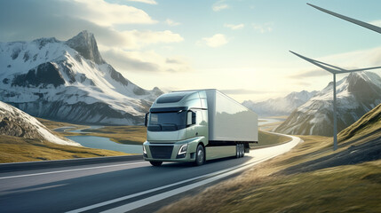 Modern eco-truck makes transportation along a mountain road in winter against the backdrop of wind power plants. The concept of profitable and economical transportation.