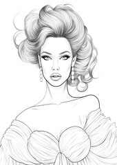 Fashion Model Colouring Page. Portrait of a girl with stylish hair style. 