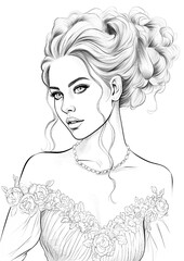 Fashion Model Colouring Page. Portrait of a girl with stylish hair style. 