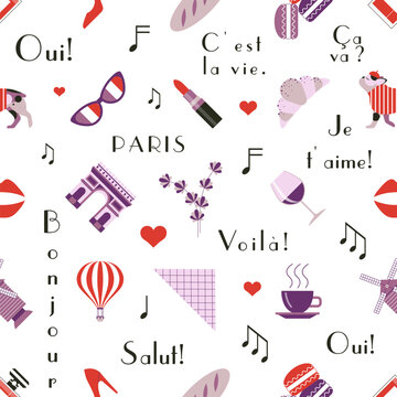 Paris Pattern with French Bulldog and Symbols of France