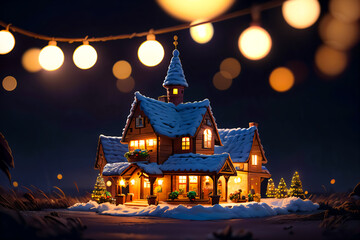 Fototapeta premium a Christmas house with lights and snow on the ground and a string of lights hanging from the ceiling above.