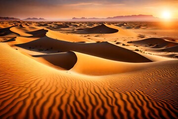Fototapeta na wymiar Vast dunes bathed in the ethereal glow of a desert sunset, a timeless panorama under the spell of shifting sands