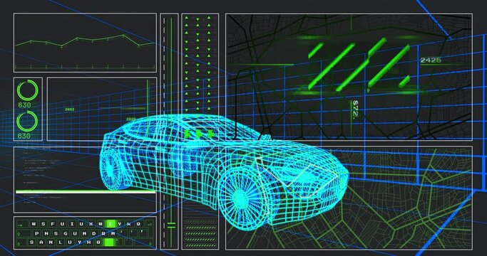 Animation of graph, changing numbers, loading circles and lines with 3d model of car