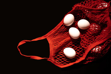 Eggs in a red string bag on a black background, flat lay