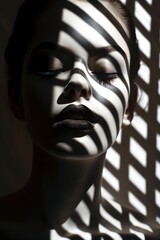 beauty fashion woman model portrait with striped black and white light, game of geometry and shadows, fashionable female studio shot