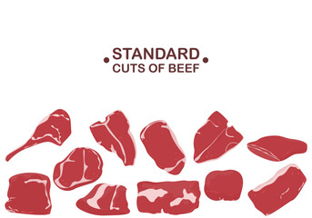 Steak Set Cuts of beef and beef used for cooking steaks and grills vector cartoon illustration For a butcher shop or steak restaurant menu.