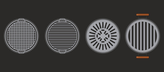 Top view of four round grill grills on black background. Build in layers For easy adjustment and separation.