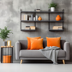 Grey sofa with orange and white pillows against concrete wall with shelving unit. Scandinavian home interior design of modern living room. 