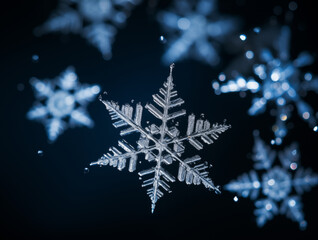 Macro image of snowflakes, winter holiday background. Snow in winter close-up.