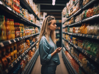 A woman compares products in a grocery store based on their nutritional value, price and composition, demonstrating conscious consumer behavior.  - obrazy, fototapety, plakaty