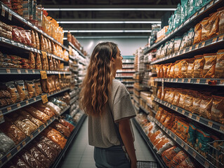 A woman compares products in a grocery store based on their nutritional value, price and composition, demonstrating conscious consumer behavior.