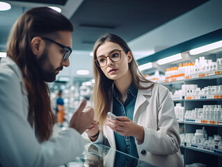 A customer at a pharmacy consults with a pharmacist about medications.  - obrazy, fototapety, plakaty