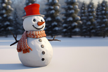 Snowman in a red hat and scarf against the background of the forest with copy space