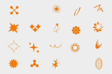 Y2k elements. Geometric brutalism forms sticker. Retro futuristic elements for design. Starburst sunburst icons. Templates for notes, posters, banners, stickers, business cards, logo