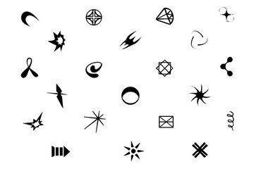 Y2k elements. Geometric brutalism forms sticker. Retro futuristic elements for design. Starburst sunburst icons. Templates for notes, posters, banners, stickers, business cards, logo