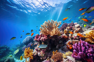 Naklejka na ściany i meble Sea blue fish animal nature coral water reef ocean underwater
