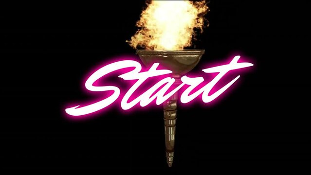 Animation of pink neon start text over lit flame torch on black background