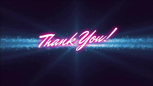 Animation of thank you text over glowing blue lines on black background