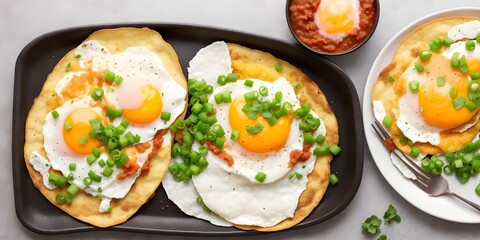 Easy Breakfast Motuleños Eggs, crispy tortilla with refried beans, tomato sauce mixture and a fried egg, Top with sweet peas, ham and queso fresco on the wooden table