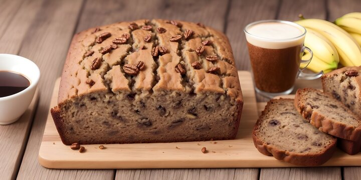 Walnut Banana Bread with Coffee filled cup on the wooden table with Bokeh lights background with copy space for text