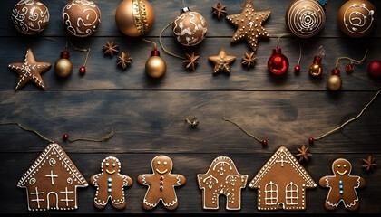 Christmas homemade gingerbread cookies background,Christmas gingerbread cookies city decoration background,a group of ginger cookies sitting on top of a wooden table next to a christmas wreath 