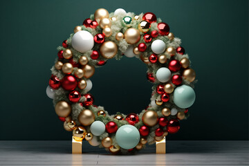 Fototapeta na wymiar a white christmas wreath with red and gold ornaments
