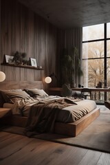 Bedroom interior with wooden decoration in modern house.