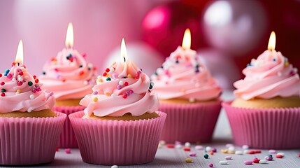 Delicious sweet cupcakes with pink cream, sprinkles and festive candles for special occasions. Birthday Cupcake