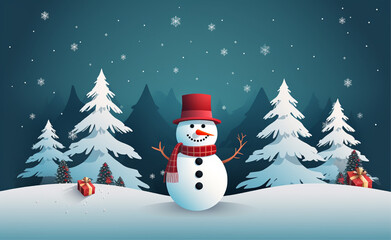 a free winter greeting card with an ornamental snowman and trees