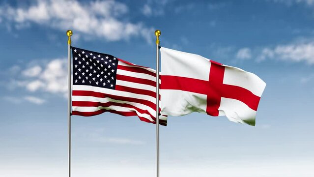 USA or america and england flag waving on sky background. 4K Highly Detail 3D Rendered video footage for national or government activity, patriotism and  social media content.